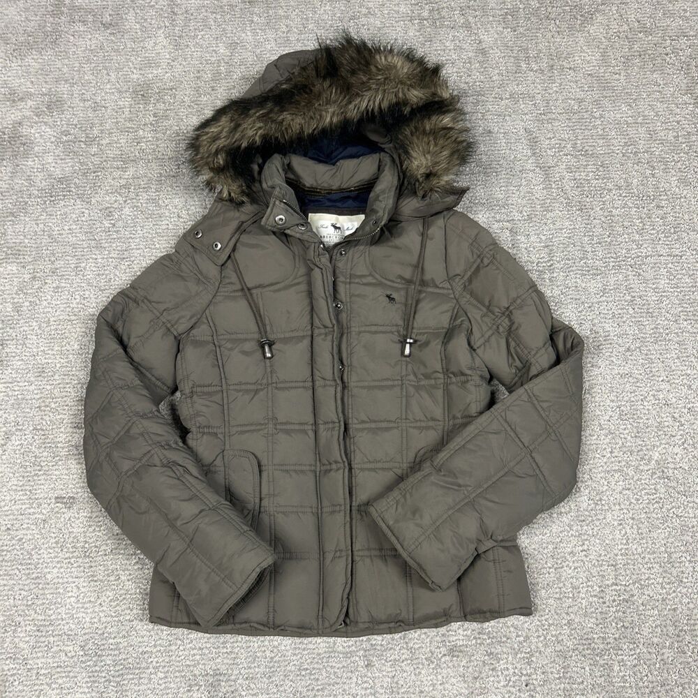 Y2K Abercrombie Fitch Coat Womens Large Olive Green Fur Hood Down Puffer Jacket